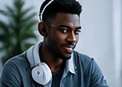 A developer with headphones