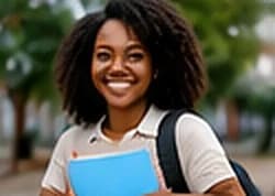 A student holding notebooks outdoors
